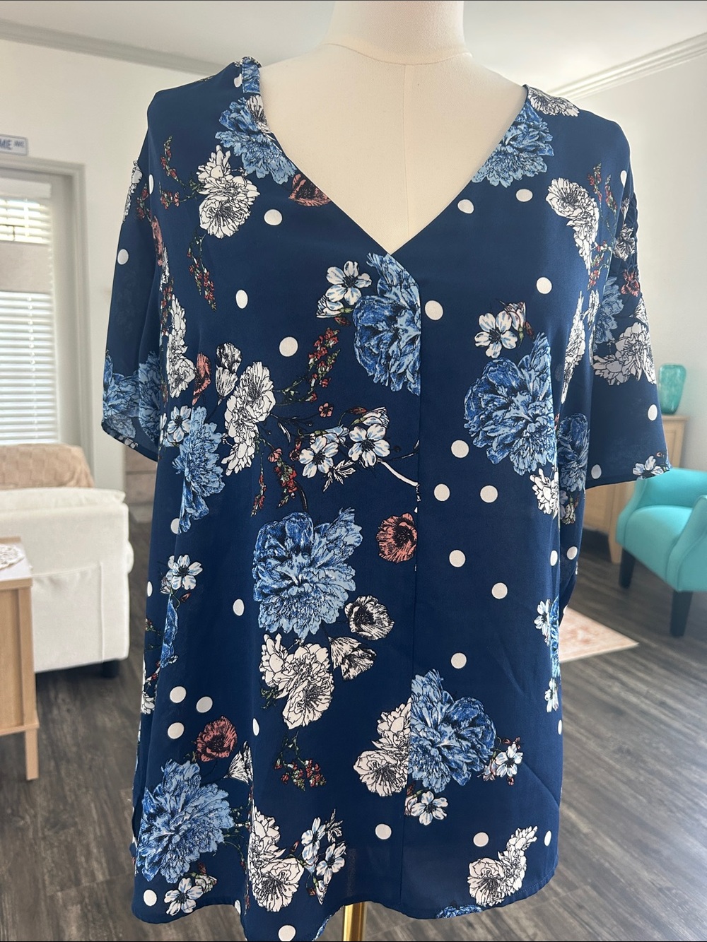 Daniel Rainn Floral Polka Dot V-Neck Women's Top - Navy Blue